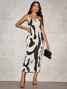 SHEIN SXY Vestido largo plisado elegante de mujer con estampado blanco y negro - Multicolor - Ver 4