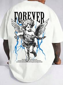 Fenqiro Camiseta de manga corta casual con estampado de lema de ángel para hombre de talla grande, verano - Blanco - Ver 1