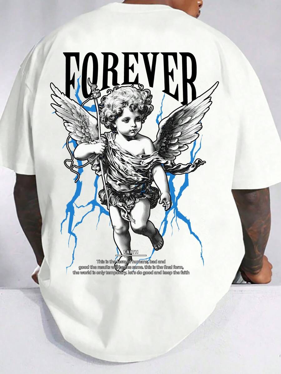 Fenqiro Camiseta de manga corta casual con estampado de lema de ángel para hombre de talla grande, verano - Blanco - Ver 1