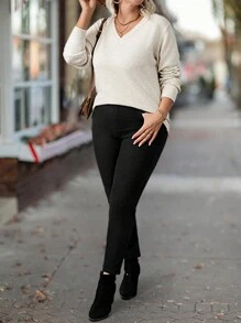 Plus Size Women's Solid Color V-Neck Long Sleeve Casual Pullover Sweater, Autumn Winter Knit Pullover Fall - Apricot - View 3