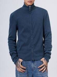 Manfinity Denimwave Chaqueta ligera de cuello alto texturizada de punto de mezclilla retro estilo Y2K para hombre, sencilla, de moda, para esposo, de manga larga, para salir