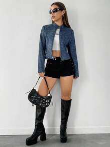 Muchica Áo khoác dệt denim tay dài cài nút phía trước cho nữ, mặc thường ngày - Rửa tối - Xem 6