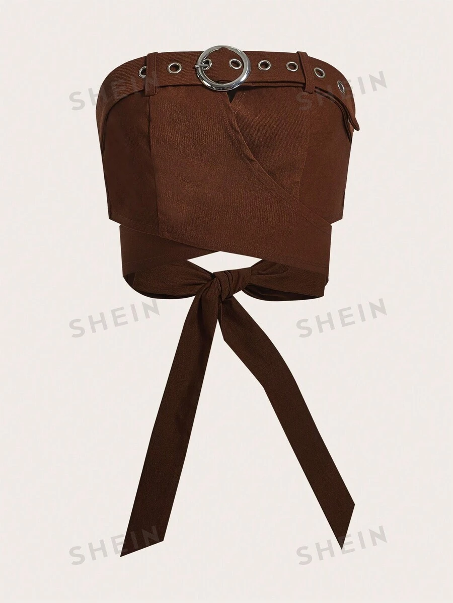 SHEIN X KeniaOs SHEIN ICON Parte superior corta tipo tubo con detalle de ojal y argolla