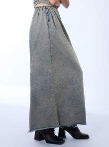 MUSERA 牛仔水洗长款半身裙，90年代春季性感夏季度假节风 - 灰色 - 查看 4