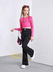 SHEIN Explorewe 中小童女Y2K復古街頭風酷黑色彈性可調腰部貨褲喇叭牛仔褲 - 黑色 - 查看 5