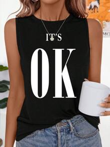 EMERY ROSE Casual Minimalist Black & White Text Graphic Regular Sleeveless Thick Strap Women Tank Top - Black - View 1