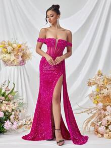 ADYCE Glittery Off Shoulder Fishbone Waist Long Streamer Front Slit Backless Party Prom Dress - Hot Pink - View 4