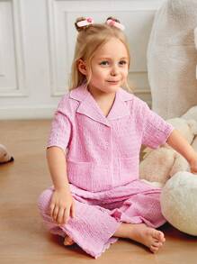 SHEIN Set de pijamale 2 bucăți cu guler cu buzunare, cămașă cu mânecă scurtă și pantaloni largi pentru fete tinere