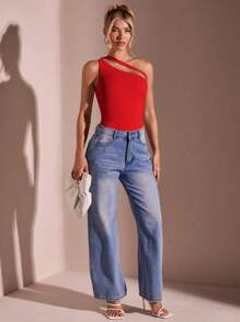 SHEIN BAE Women's Solid Color Simple Daily Asymmetrical Neck Bodysuit Women Bodysuits - Red - View 2