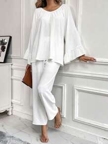 Chiquease 2pcs Women Casual White Outfit With Lace Patchwork Ruffle Hem Detail, For Autumn - White - View 8