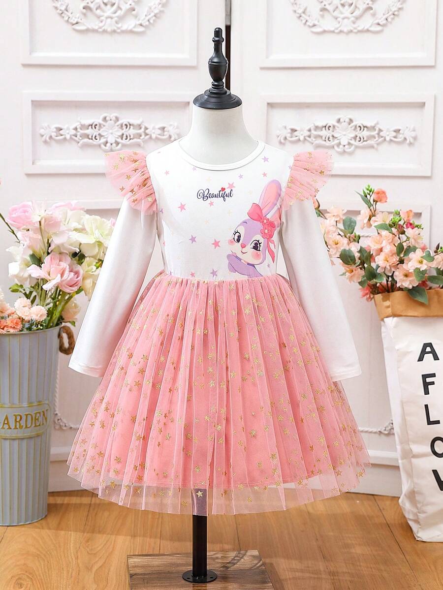 SHEIN Toddler Girls' Sweet  Elegant Cute Big Bow Rabbit Ear Sparkling Star Tulle Party Dress, Suitable For Outings, Shopping, Vacation, Daily Wear, Spring, Fall, Winter, Sweet  Girly Style Long Sleeve Dress - Pink - View 1
