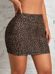 SHEIN PETITE 情人節短裙，音樂節，假期，新年服裝，約會，優雅性感的女孩豹紋緊身裙 - 棕色 - 查看 3