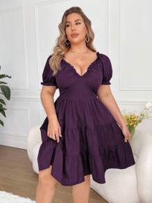 SHEIN Clasi 夏季大码休闲纯色泡泡袖迷你连衣裙 - 紫色 - 查看 4