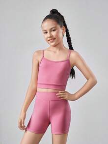 SHEIN 3 chiếc Tween Girls Áo dệt kim rắn & Áo ba lỗ lưới & Quần short thường ngày - Hồng - Xem 6