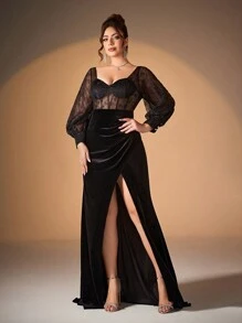 Mgiacy Plus Size Solid Sweetheart Neckline Floral Sequin Lace Drawstring Sheer Cup Velvet Patchwork High Slit Ruffle Hem Long Formal Dress (Heavy Embroidered Design), Gala/Ball Gown - Black - View 5