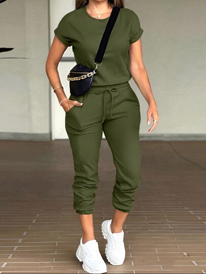 INAWLY Playera sólida con manga murciélago y Pantalones de chándal con cintura con cordón