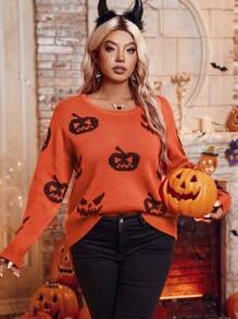 SHEIN LUNE Áo len chui đầu cổ tròn cỡ lớn in hình Halloween - trái cam - Xem 3