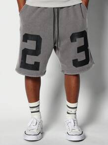 SUMWON 落裆撞色针脚数字印花休闲裤 - 灰色 - 查看 2