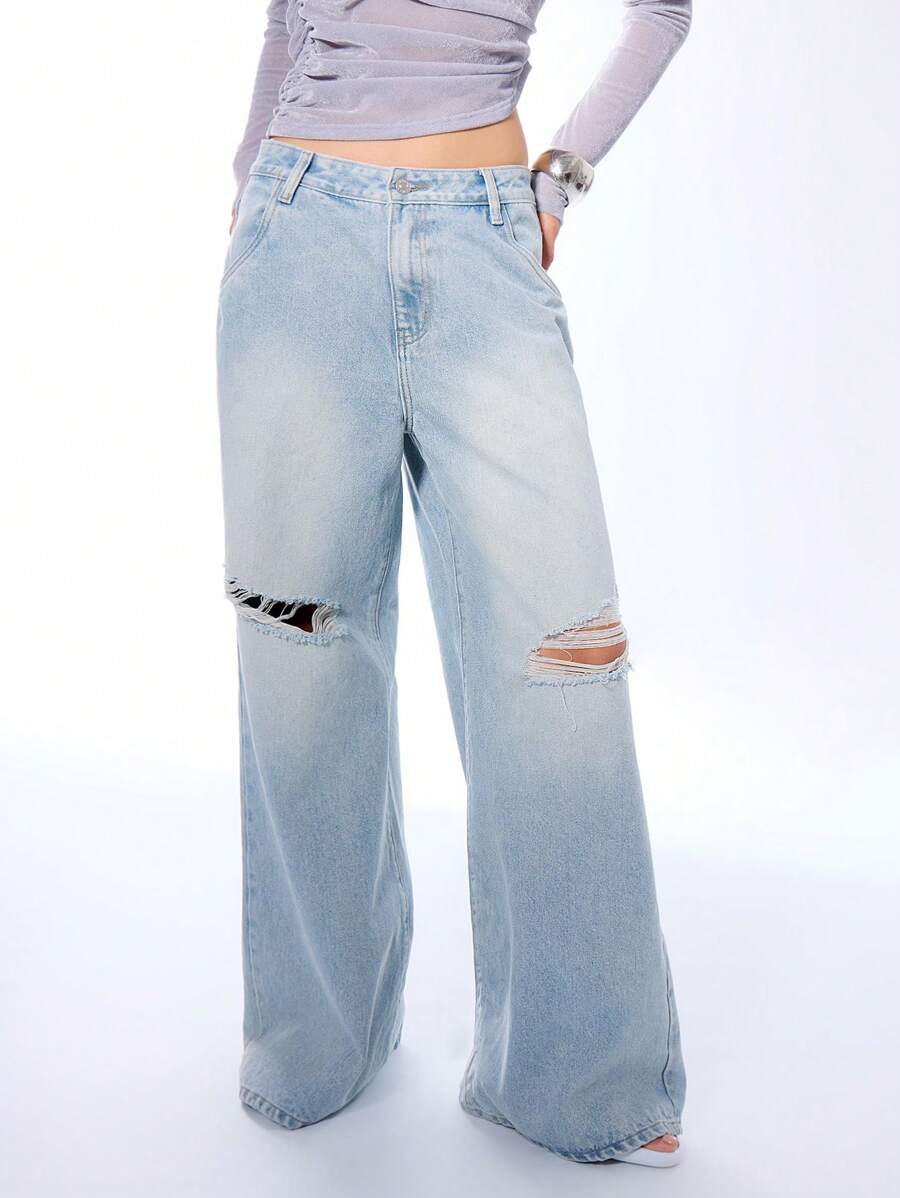 MUSERA High Waisted Ripped Loose Fit Wide Leg Jeans Spring 90's Cute Summer Streetwear - Baby Blue - View 1
