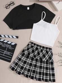 SHEIN Ropa de vuelta al colegio para chicas adolescentes, conjunto de 3 piezas de estilo academia en cuadros blanco y negro, conjunto de top corto, camiseta interior y falda - Blanco y Negro - Ver 1