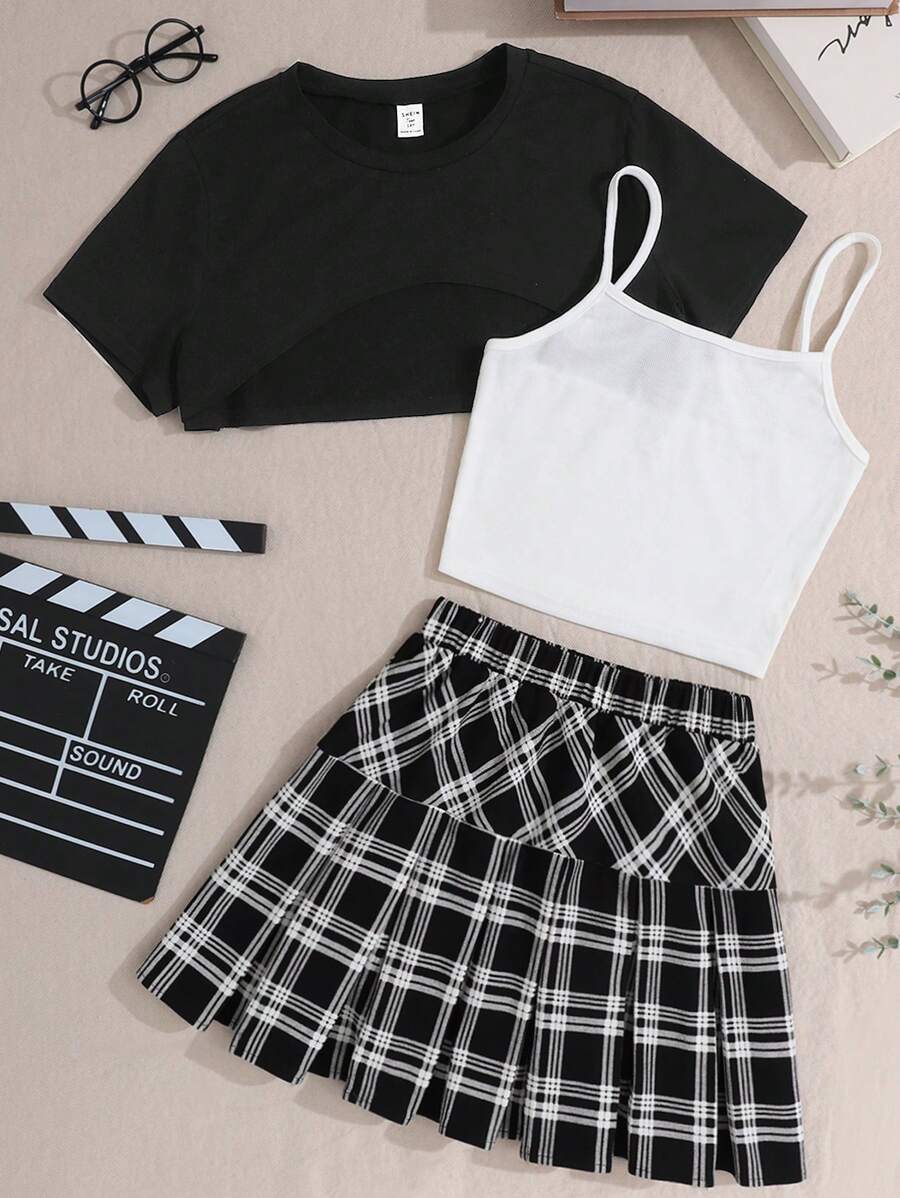SHEIN Ropa de vuelta al colegio para chicas adolescentes, conjunto de 3 piezas de estilo academia en cuadros blanco y negro, conjunto de top corto, camiseta interior y falda - Blanco y Negro - Ver 1