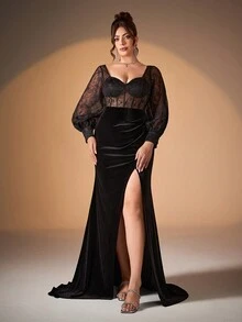 Mgiacy Plus Size Solid Sweetheart Neckline Floral Sequin Lace Drawstring Sheer Cup Velvet Patchwork High Slit Ruffle Hem Long Formal Dress (Heavy Embroidered Design), Gala/Ball Gown - Black - View 3