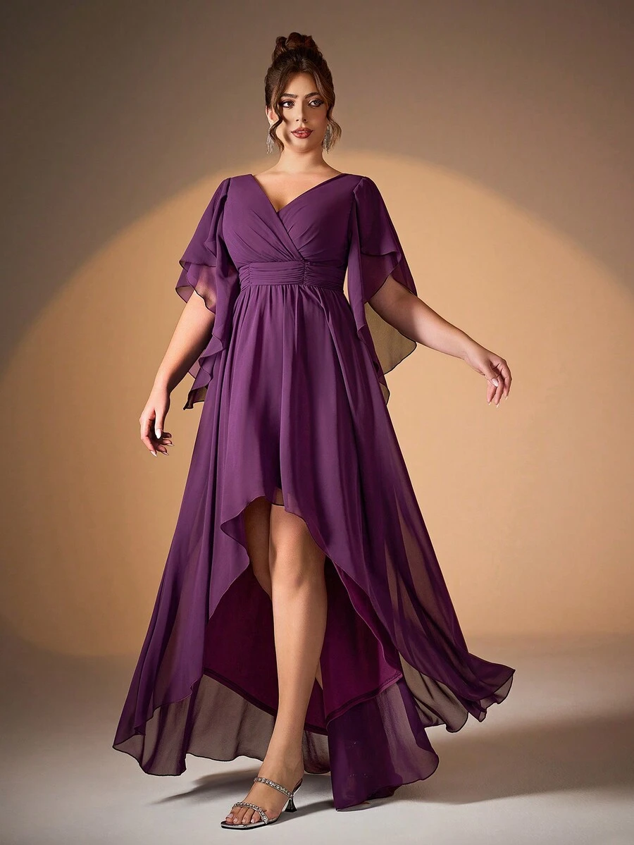 Váy dạ hội cao cấp cổ chữ V bằng vải voan ngọc trai cỡ lớn, viền bất đối xứng, váy phù dâu - Màu tím - Xem 1