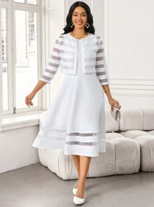 SHEIN Lady Conjunto de dos piezas de ropa casual de negocios para mujer: Cardigan corto elegante de encaje blanco y vestido entallado para mujer - Blanco - Ver 6
