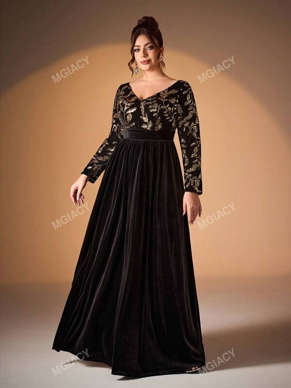 Robe de velours à manches longues, col en V, taille froncée, avec paillettes, robe élégante de soirée pour mariage, anniversaire, remise des diplômes, bal des finissants, grande taille