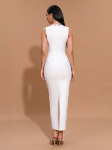 New White Sexy Mesh Splice Sleeveless Rhinestone Bandage Dress, Women's Formal Evening Party Gown - White - View 2