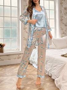 CottageSlumber 3pcs Contrast Floral Print Satin Cami Top & Pants And Robe Pajamas Set, Holiday Season, Fall Winter Clothes Cozy And Elegant Details - Baby Blue - View 6