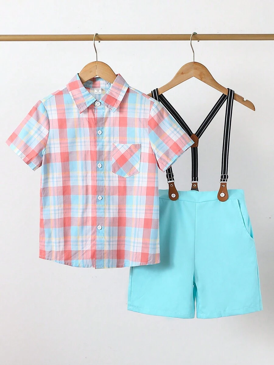 SHEIN 2 件套 Tween 男童格子印花短袖上衣和纯色背带裤套装 - 彩色 - 查看 1