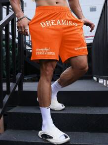 Manfinity Sport Corelite 男友风男士字母图案运动弹力短裤健身短裤男友风男士短裤男友风男士篮球短裤洗手液学校学校 - 橘色 - 查看 1