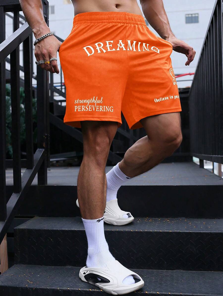 Manfinity Sport Corelite 男友风男士字母图案运动弹力短裤健身短裤男友风男士短裤男友风男士篮球短裤洗手液学校学校 - 橘色 - 查看 1