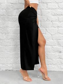 SHEIN PETITE 黑色及膝長度皺褶裙，前開叉設計 - 黑色 - 查看 3