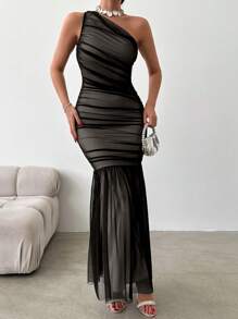 One Shoulder Ruched Ruffle Hem Mesh Overlay Dress