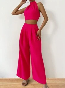 Chiquease Women's Solid Color Halter Top And Wide Leg Pants Set - Hot Pink - View 5