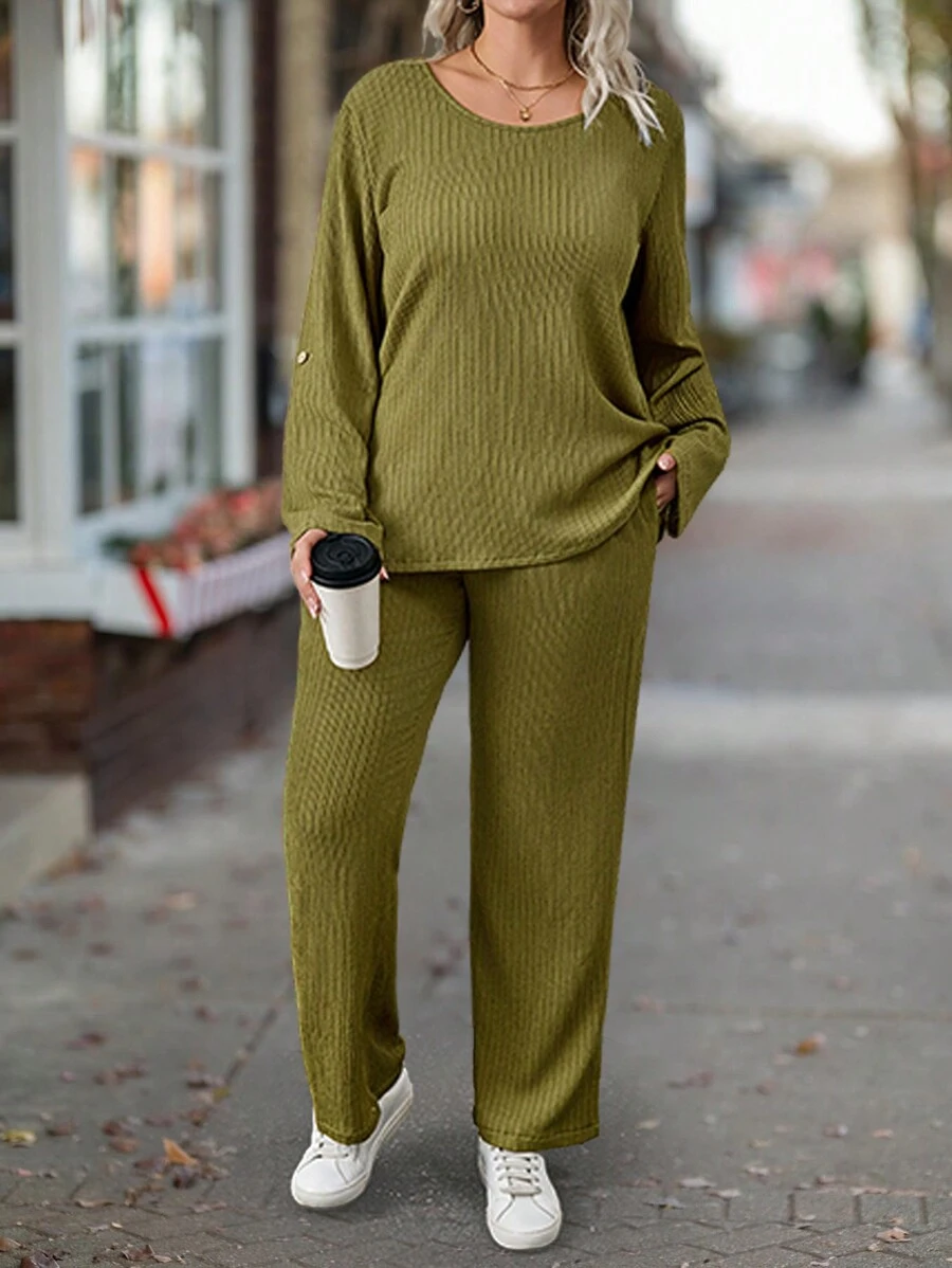 2pcs Plus Size Women's Solid Color Minimalist Everyday Round Neck Long Sleeve Top And Pants Set - Green - View 1