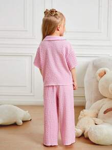 SHEIN Set de pijamale 2 bucăți cu guler cu buzunare, cămașă cu mânecă scurtă și pantaloni largi pentru fete tinere