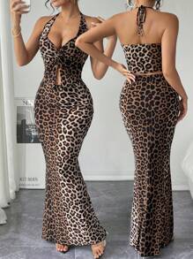 Breezaya Summer Sexy Leopard Print V-Neck Cross Twist Knot Slit Top And Fish Tail Skirt Set With Halter - Multicolor - View 1