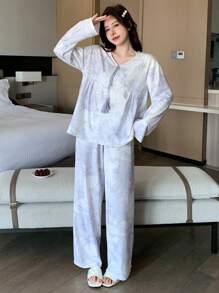 DAZY Bộ Pyjama dài tay in hoa - trắng - Xem 5