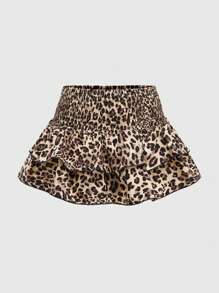 ROMWE Grunge Punk Y2K Harajuku Leopard Print Ruched Ruffle Hem Mini Skirt With Underlayer Shorts - Brown - View 1