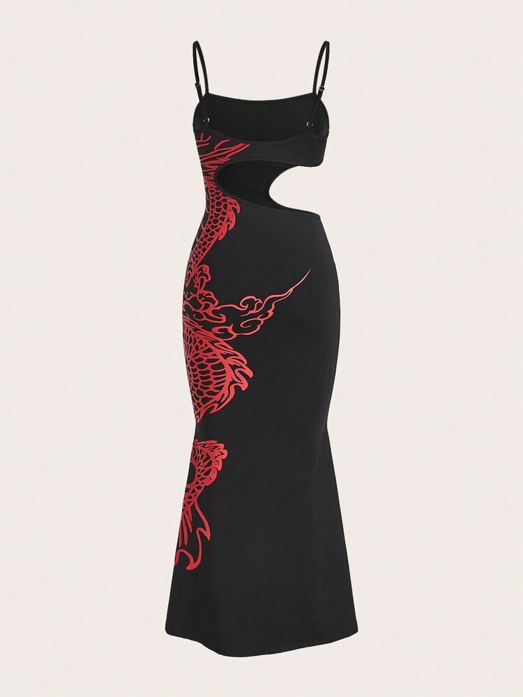 SHEIN ICON Y2k 修身龙纹图案不对称镂空腰部无袖长裙配鱼尾下摆休闲装 - 紅色和黑色 - 查看 2