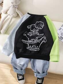 SHEIN Leap Crew 1 件年轻男孩可爱卡通恐龙动物印花套头衫，拼色长袖，舒适百搭，适合外出、上学、花园、海滩、生日、婴儿洗礼，适合秋冬季