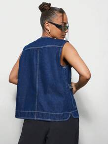 SUMWON WOMEN Street Utility Denim Zip Through Jacket With Contrast Stitching - Dark Wash - View 2