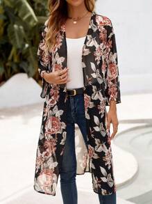 EMERY ROSE Women's Loose-Fitting, Medium-Length Kimono With Floral Print, Open Front, For Summer Beach Vacation - Multicolor - View 4