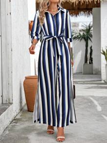 SHEIN Clasi Mono de rayas y estampado sencillo diario para mujer - Azul y blanco - Ver 7