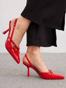 CUCCOO BIZCHIC Fashionable Red Pointed Toe High Heel Shoes For Women, Featuring Thin Back Strap And Buckle Closure Spring Shoes Spring Break Easter For Christmas - Rouge Casaque - View 3