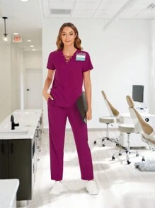 Áo sơ mi tay ngắn màu trơn đan chéo kèm quần đồng phục y tá - Màu đỏ tím - Xem 1