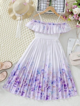 Tween 女童花卉印花荷叶边吊带无袖连衣裙